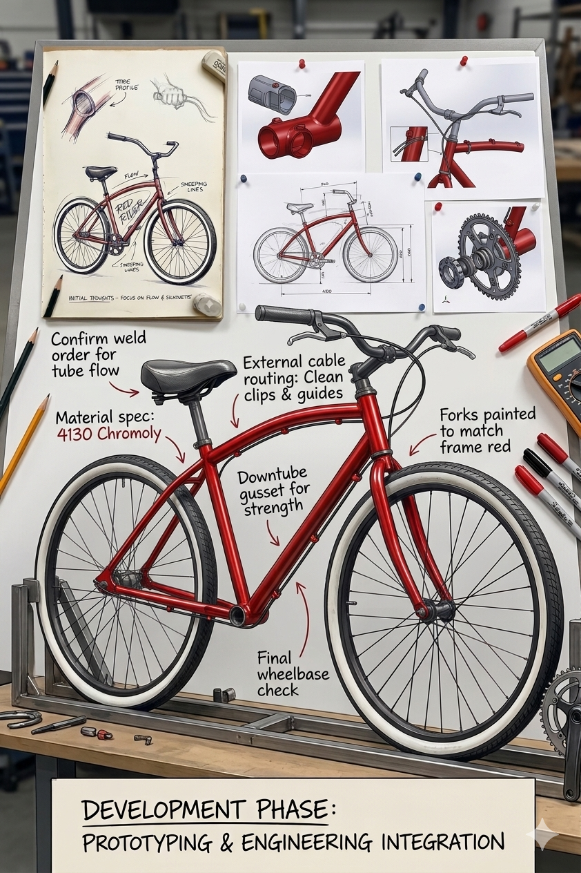 Red Rider prototyping board: bike on stand with engineering notes, CAD views, and frame blueprint